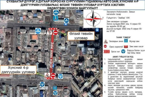 Хүнсний 4-р дэлгүүрийн уулзвараас Өлзий төвийн уулзвар хүртэлх авто замын хөдөлгөөнийг хязгаарлалаа