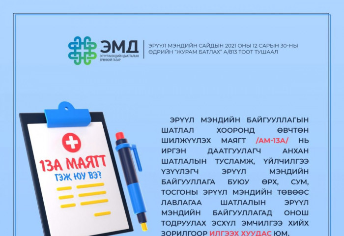 ЭМДЕГ: Яаралтай болон түргэн тусламж, арьс, харшил, нүд чих хамар, хоолойн үзлэг, хавдрын хяналтад 13А маягт шаардлагагүй