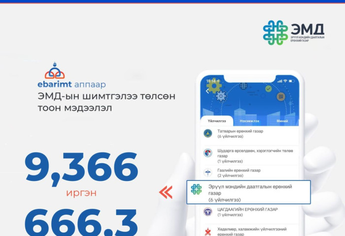 ӨНГӨРСӨН 7 ХОНОГТ 9366 ИРГЭН ИБАРИМТ АППЛИКЕЙШНЭЭР ЭМД-ЫН ШИМТГЭЛЭЭ ТӨЛЖЭЭ
