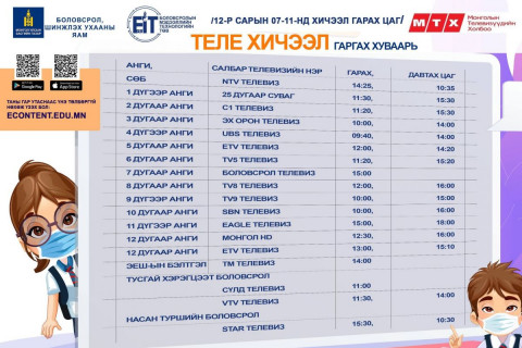 ТАНИЛЦ: Сурагчдын теле хичээлийн ирэх долоо хоногийн хуваарь