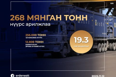 268 МЯНГАН ТОНН НҮҮРС 19.3 САЯ АМ.ДОЛЛАРООР АРИЛЖЛАА