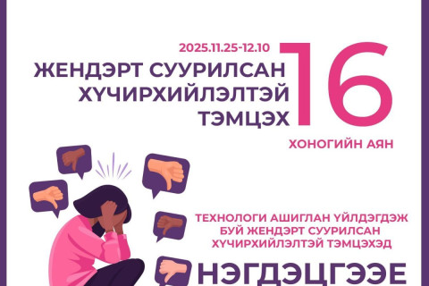 ТТЗ: Жендэрт суурилсан хүчирхийлэлтэй тэмцэх 16 хоногийн аянд нэгдэцгээе